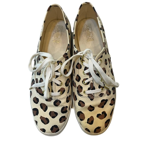 Kate Spade + Keds canvas animal print lace up casual sneakers cream/brown sz 10 - Picture 3 of 16